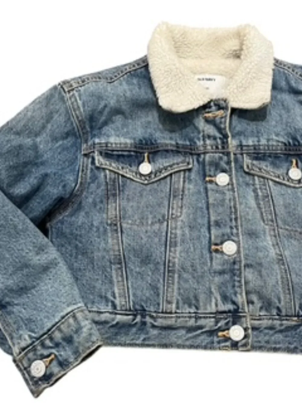 Old Navy Denim Jacket Girls size Medium (8) Sherpa lined cropped Barn Coat
